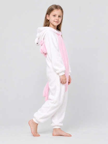 White and Pink Kids' Hooded Pajama Jumpsuit