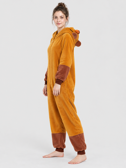 Hooded Pajama Jumpsuit with Ears, Golden Orange