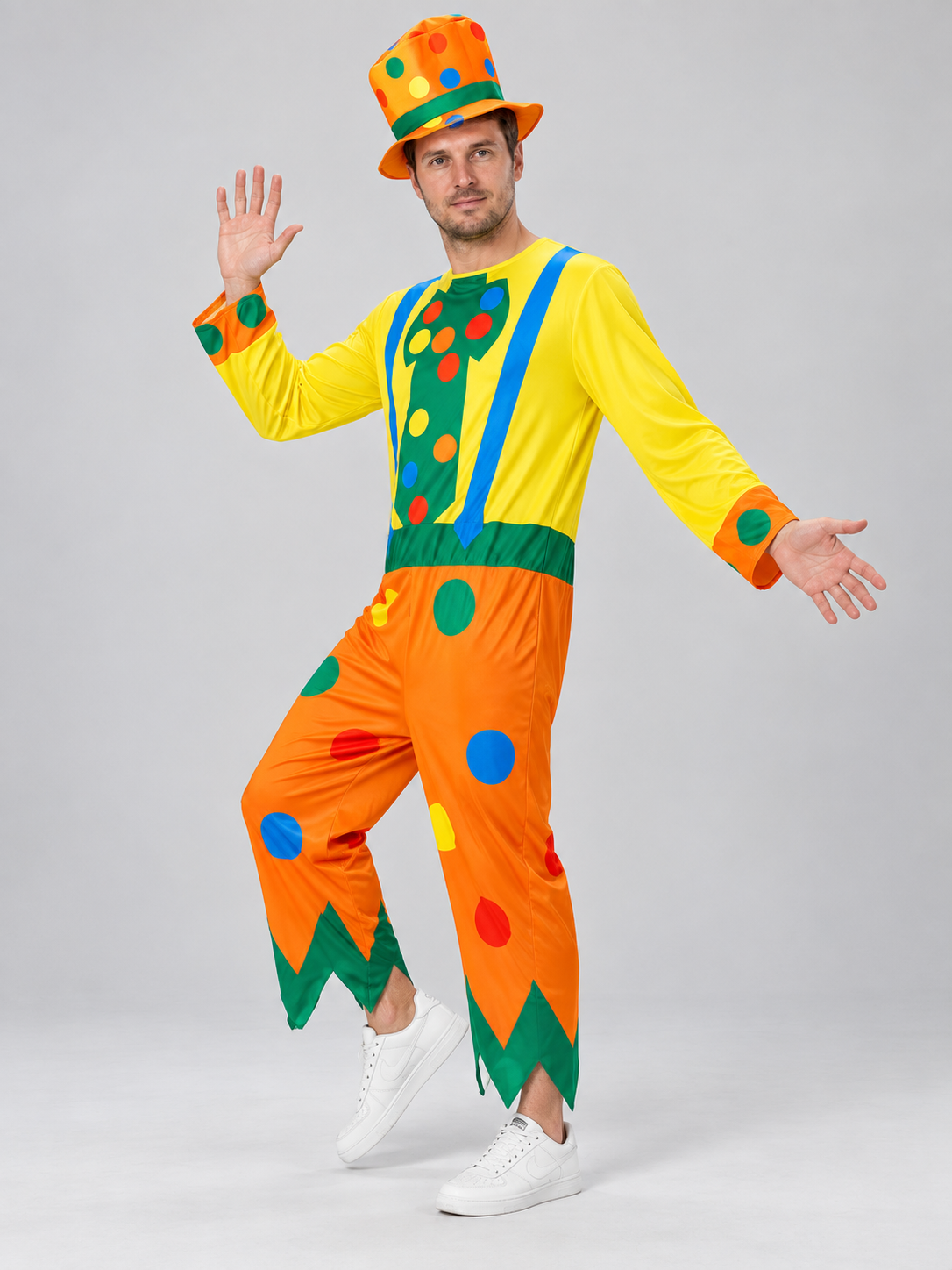 Multicolor Clown Costume with Jumpsuit and Top Hat