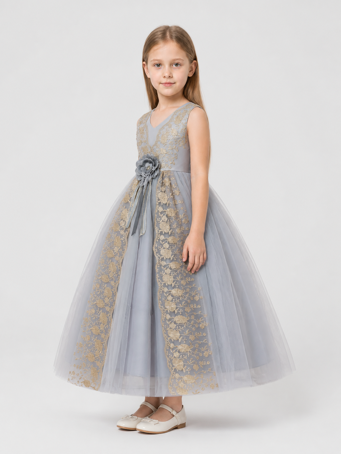 Dressy Dress with Gold Embroidery, Full Skirt side view