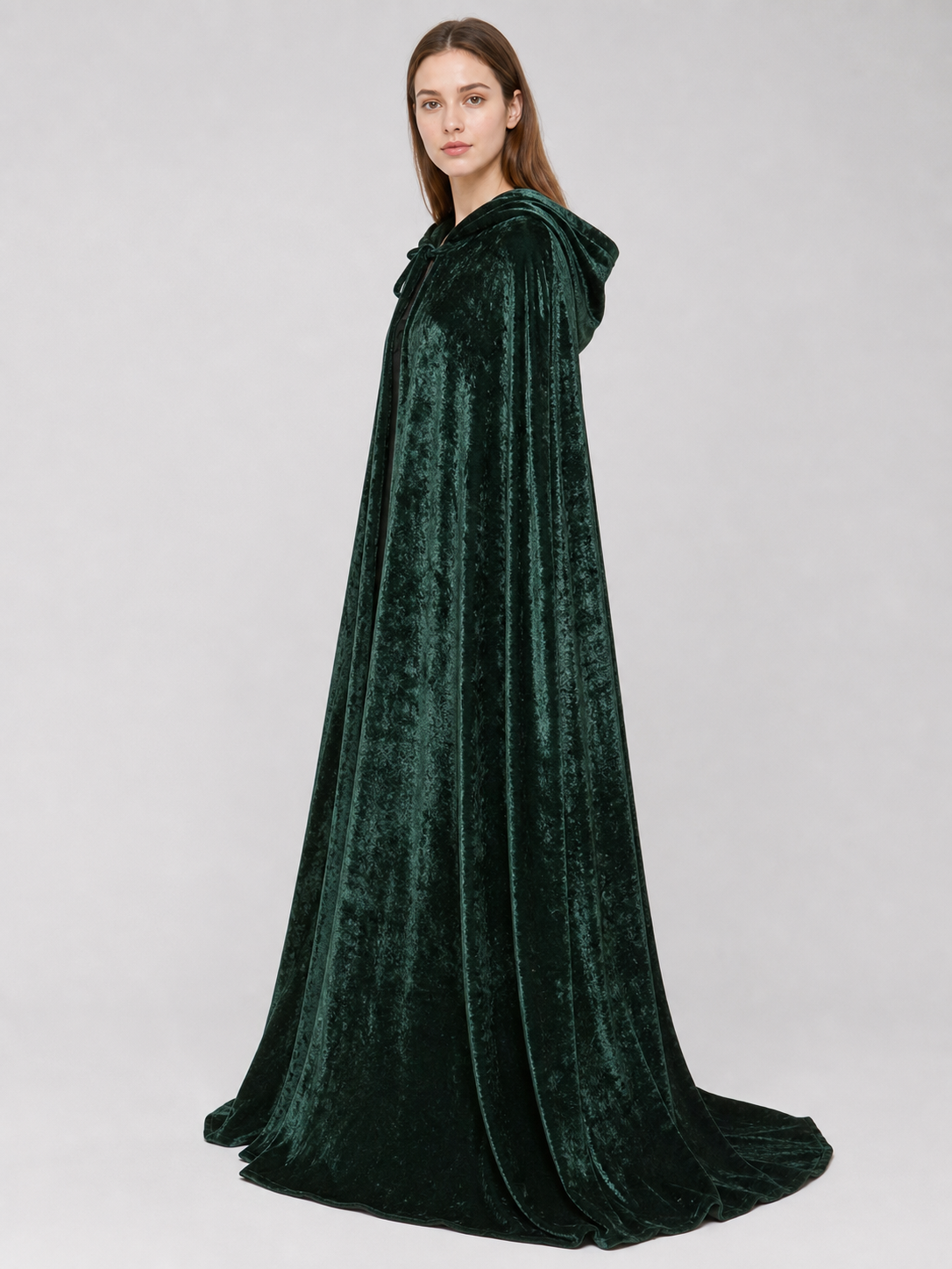 Dark green hooded velvet costume cape product view 70
