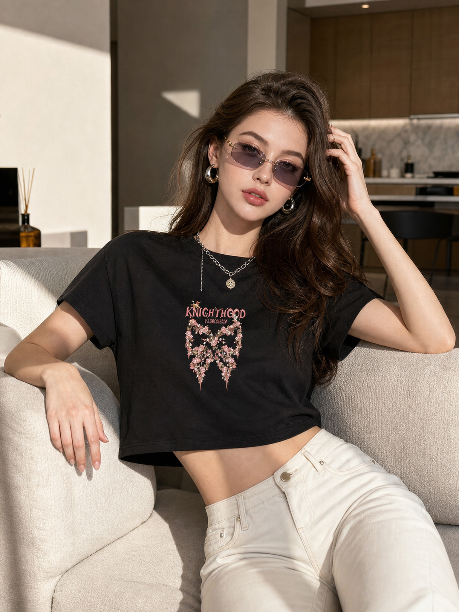 Women's Black Summer Cropped Graphic T-Shirt