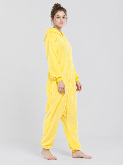 Yellow Hooded Pajama Jumpsuit with Long Sleeves