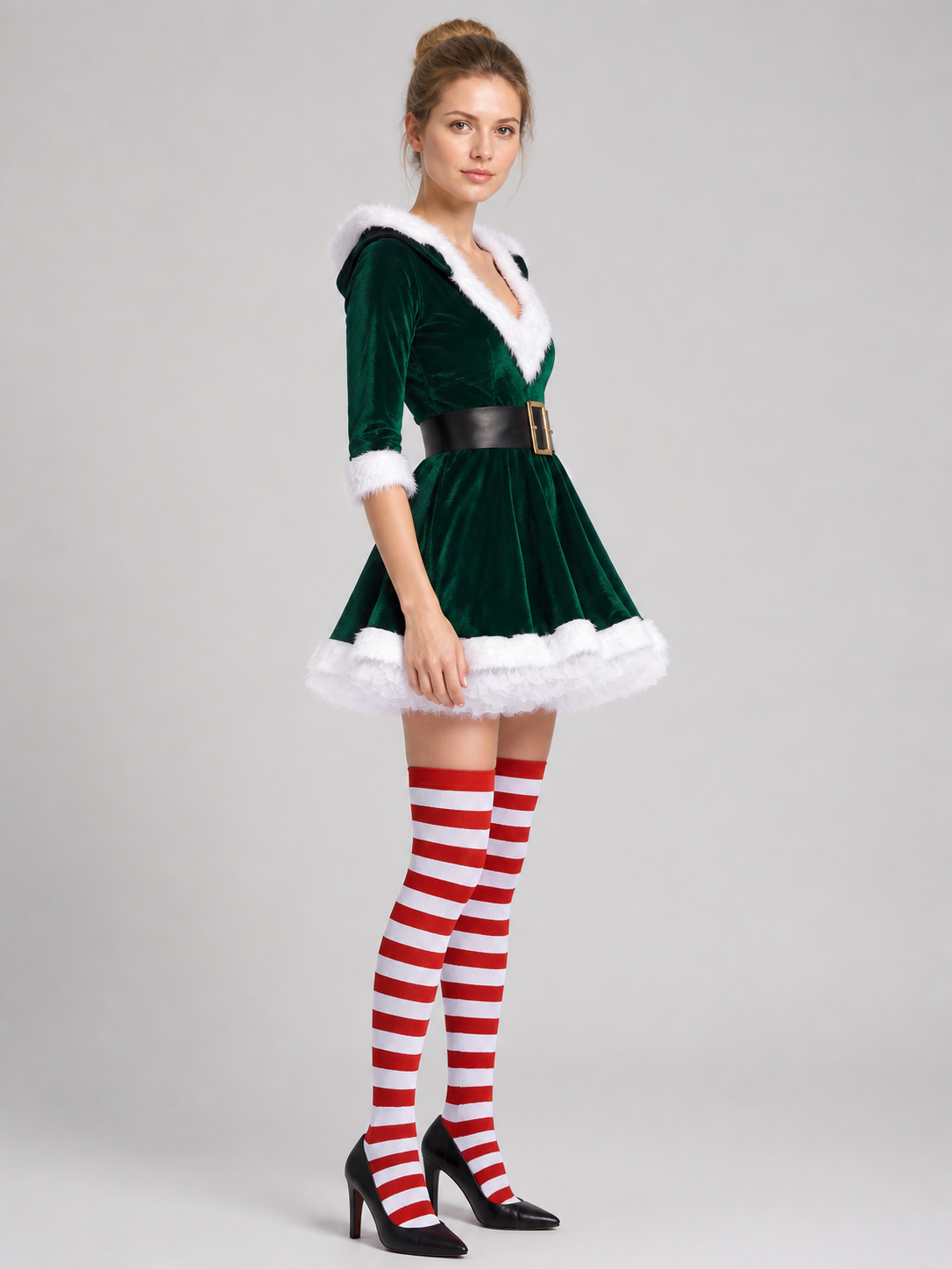 Green Santa Christmas Dress with White Fur side view