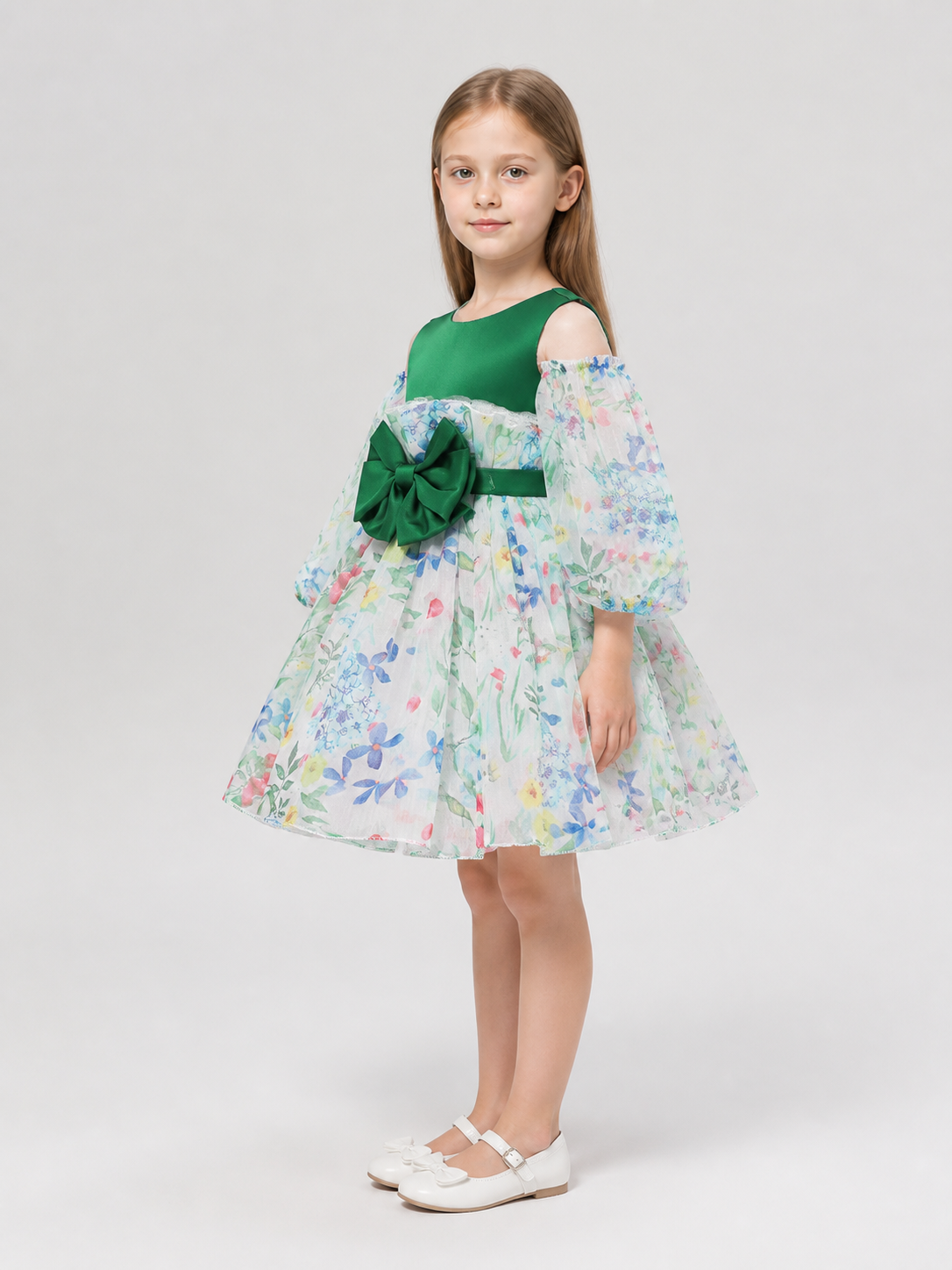Dressy Girls’ Dress with Floral Print and Full Skirt