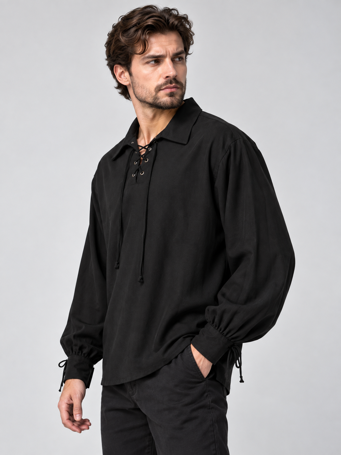 Black Pirate-Style Shirt with Lacing and Ties