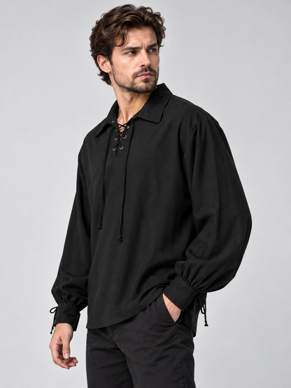 Black Pirate-Style Shirt with Lacing and Ties