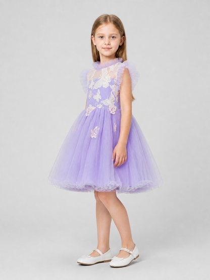 Festive Dress with Full Skirt, Flowers, and Butterflies side view