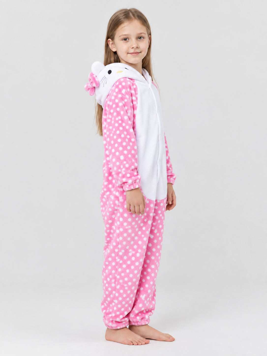 Kids' Flannel Fleece Hooded Pajama Jumpsuit with Ears, Pink and White