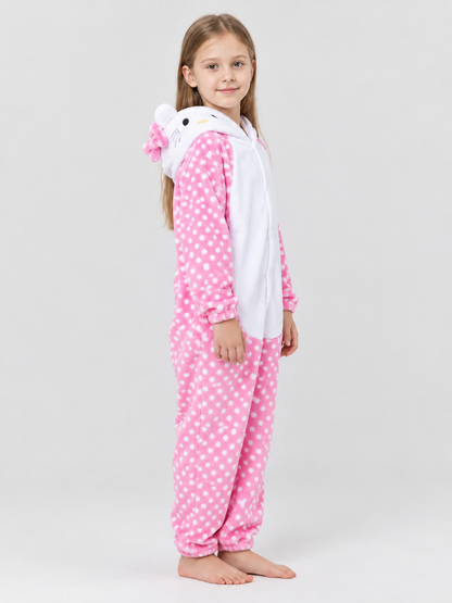 Kids' Flannel Fleece Hooded Pajama Jumpsuit with Ears, Pink and White