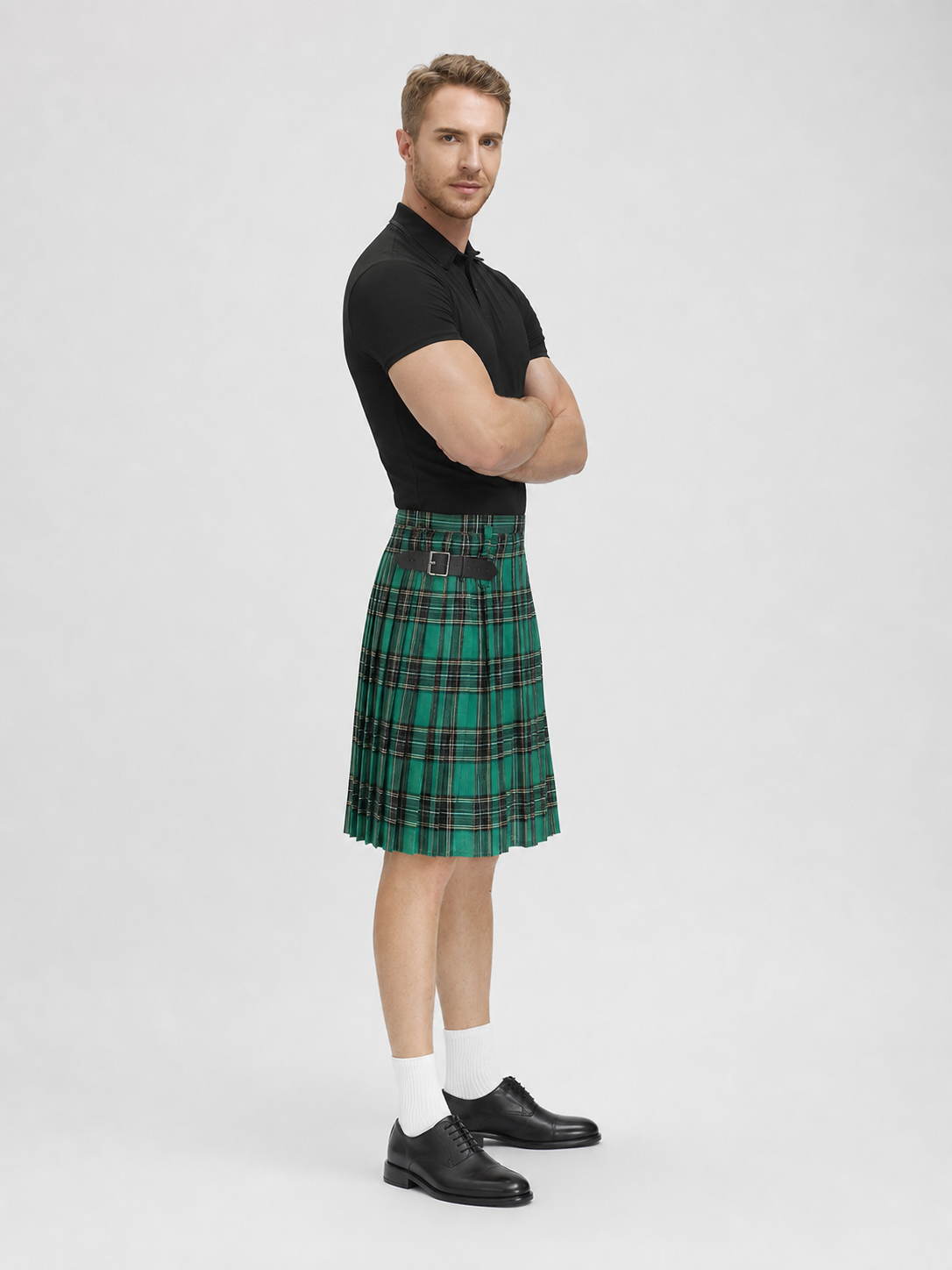 Pleated Plaid Skirt with Black Buckle