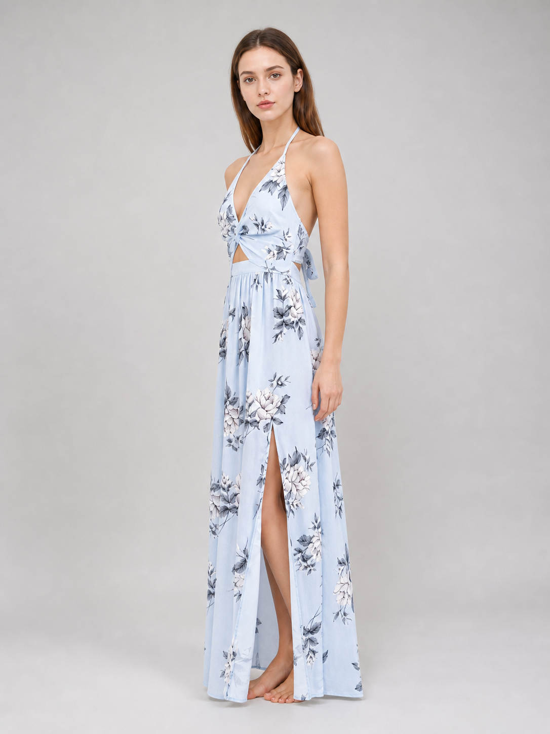 Maxi Dress with Floral Print and V-Neck