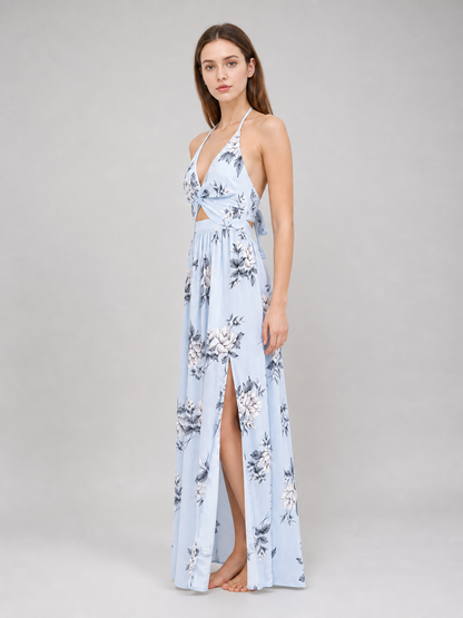 Maxi Dress with Floral Print and V-Neck