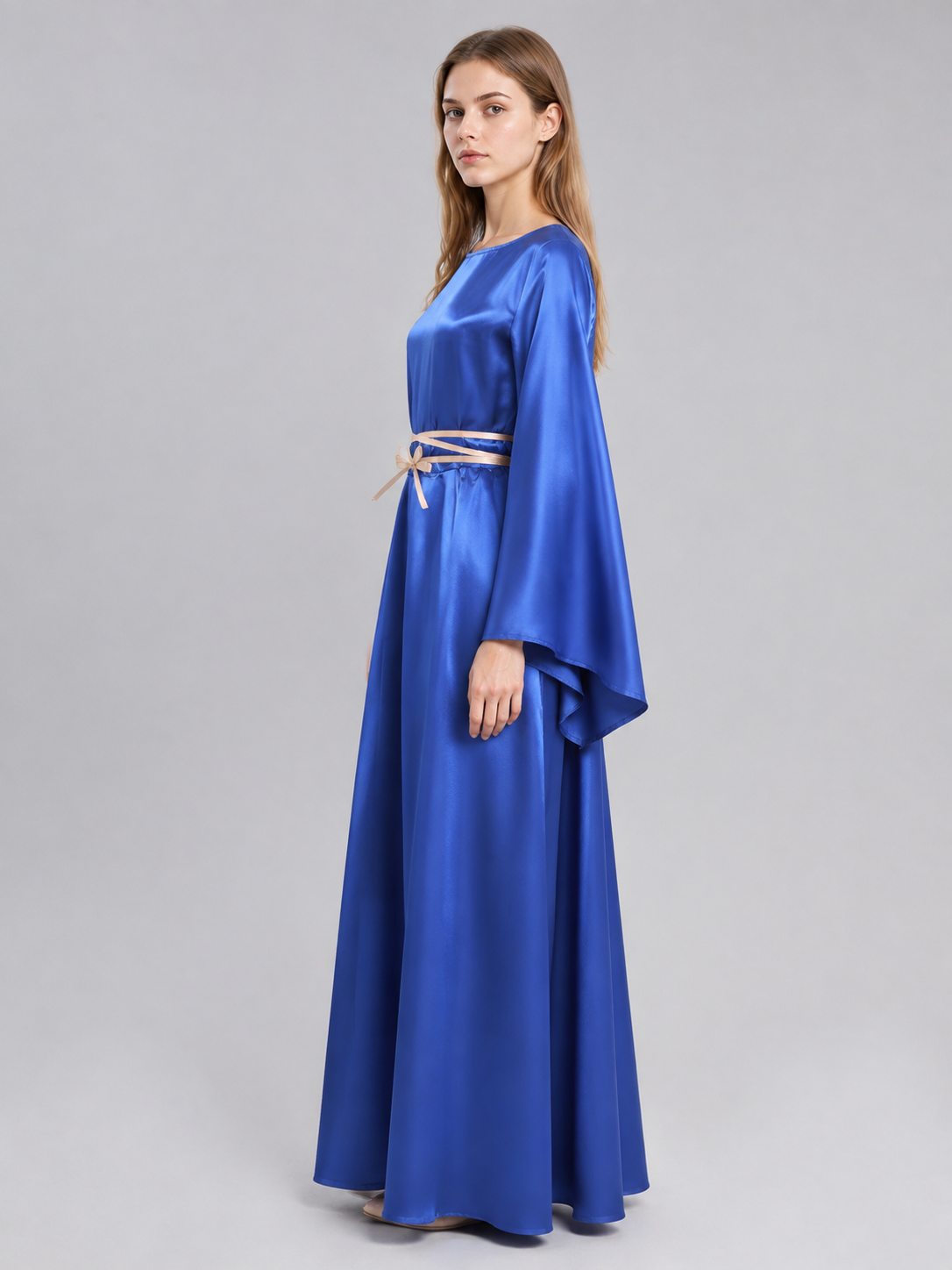 Blue Floor-Length Carnival Dress with Satin Sheen side view