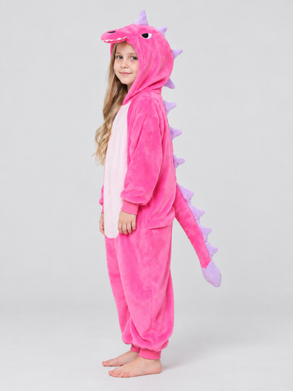 Bright Pink Hooded Kigurumi Pajama with Spikes, One-Piece