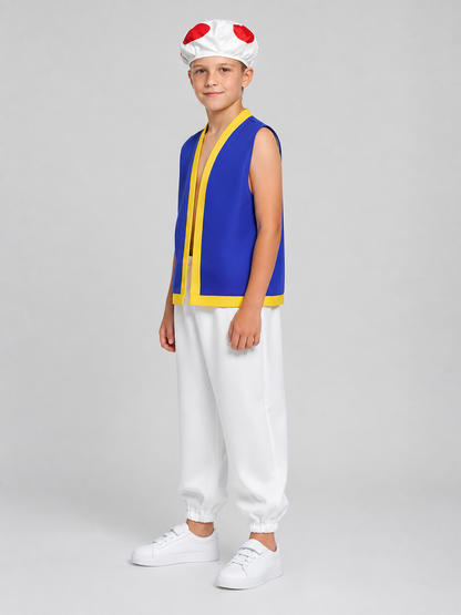 Toad Cosplay Costume: Blue Sleeveless Vest, White Pants, and Hat side view