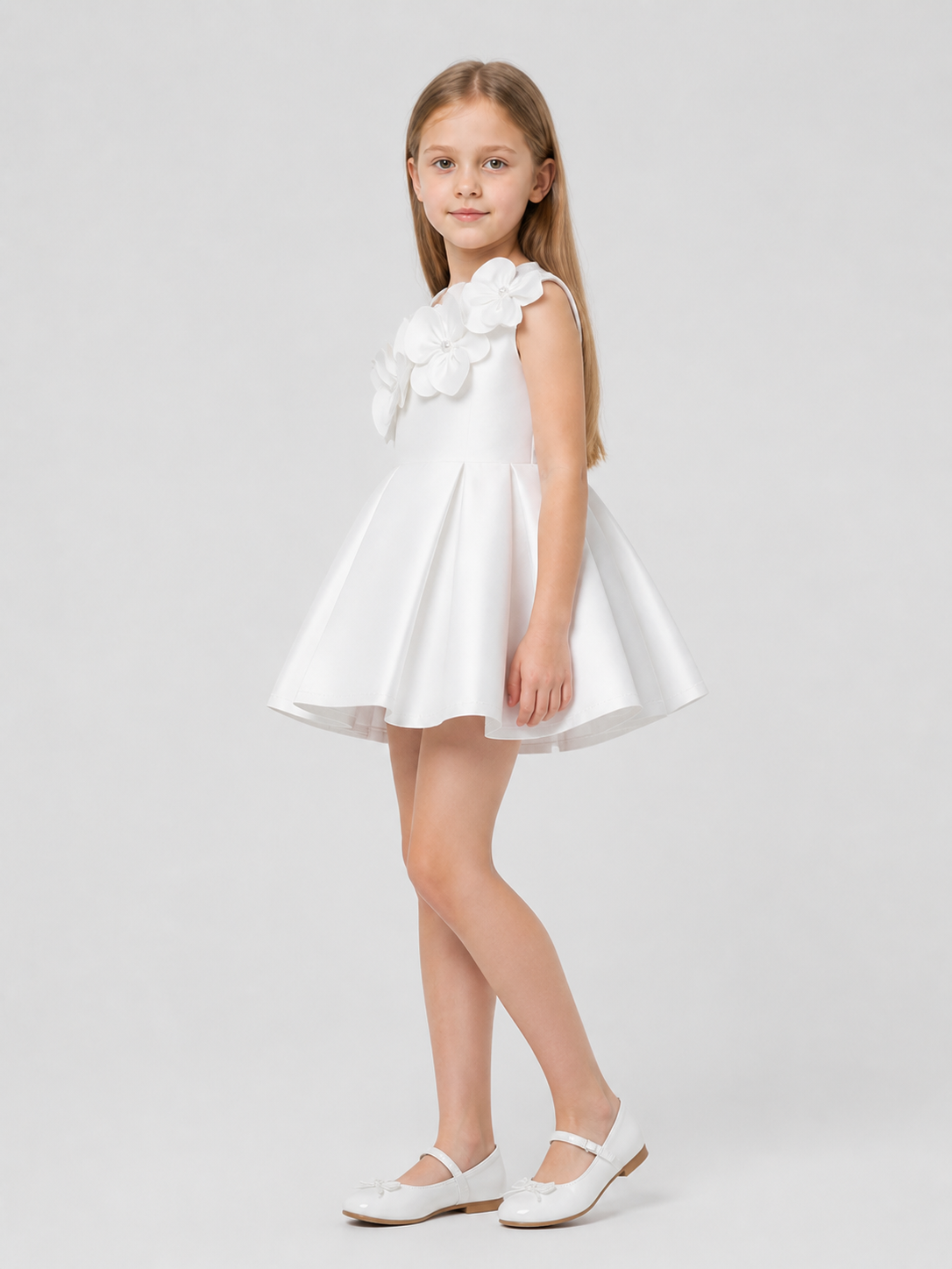 White Princess Dress for Girls with 3D Flowers