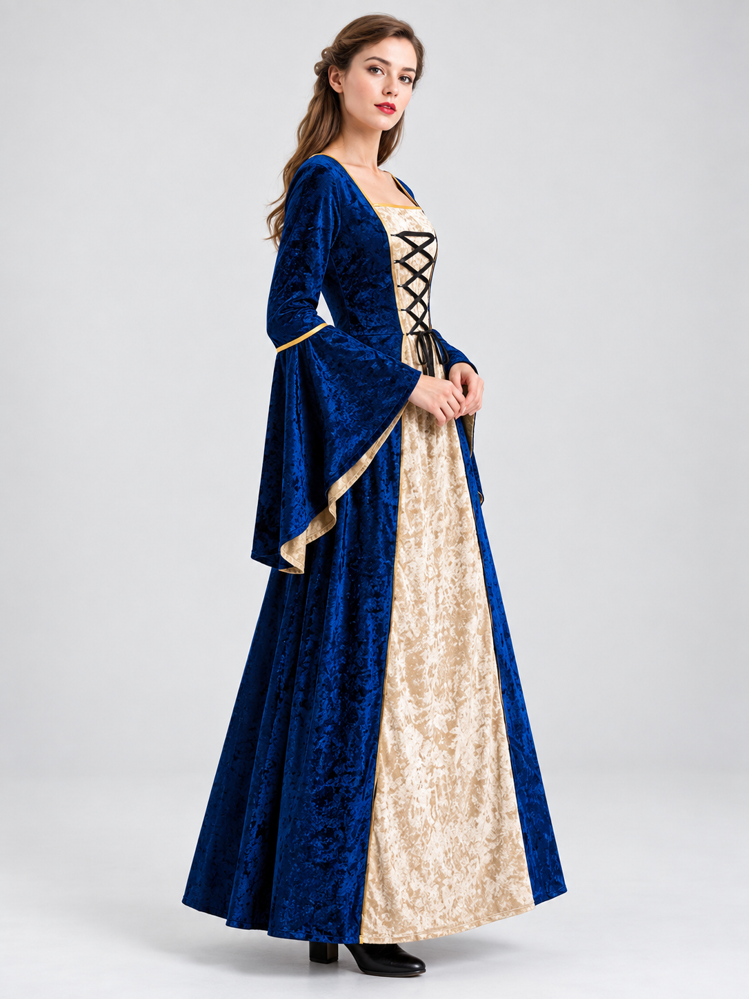 Long Blue Velvet Corset-Style Carnival Dress with Lacing