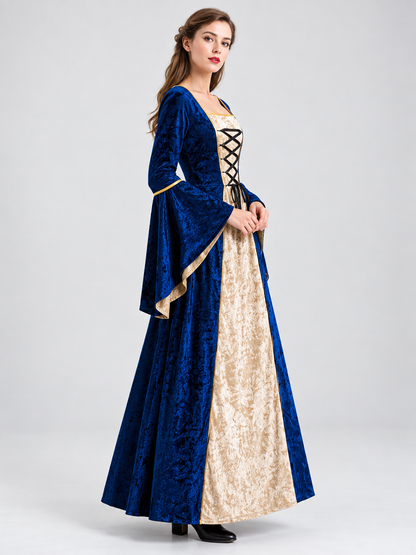 Long Blue Velvet Corset-Style Carnival Dress with Lacing