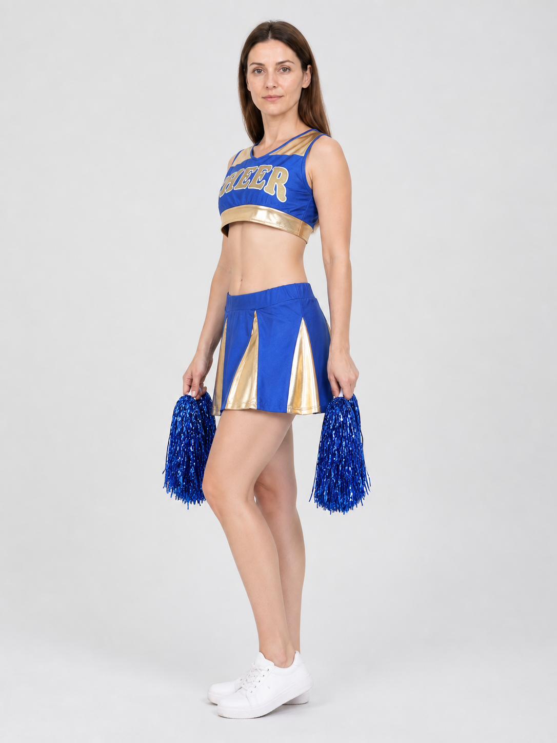 Cheerleading Costume: Top, Skirt, and Blue Pom-Pom side view