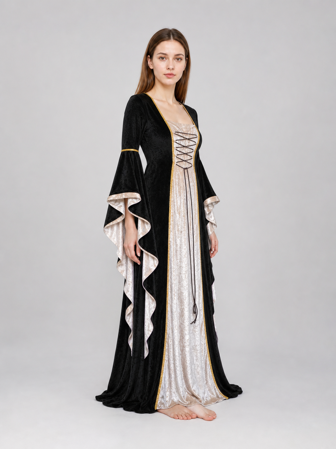Floor-Length Dress with Corset Lacing and Ruffles