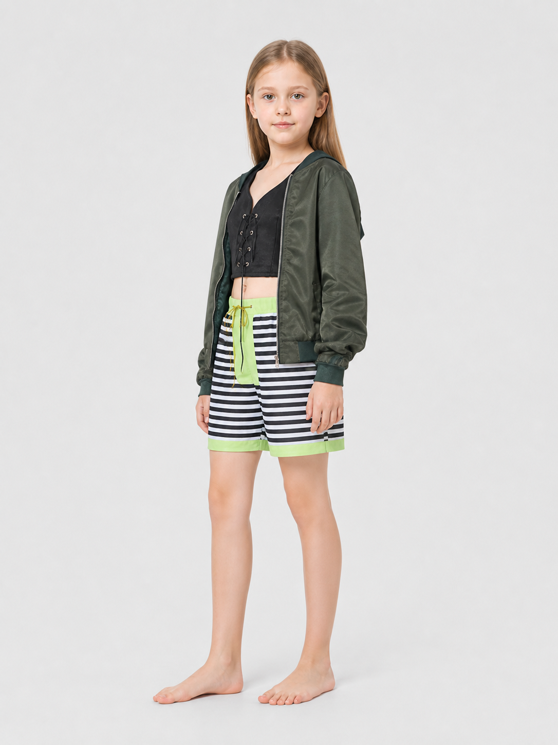 Matilda Cosplay Costume: Olive Jacket, Top, and Shorts side view