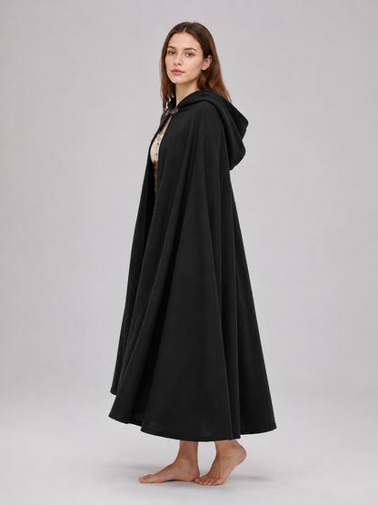 Long Black Hooded Cloak with a Loose Fit side view