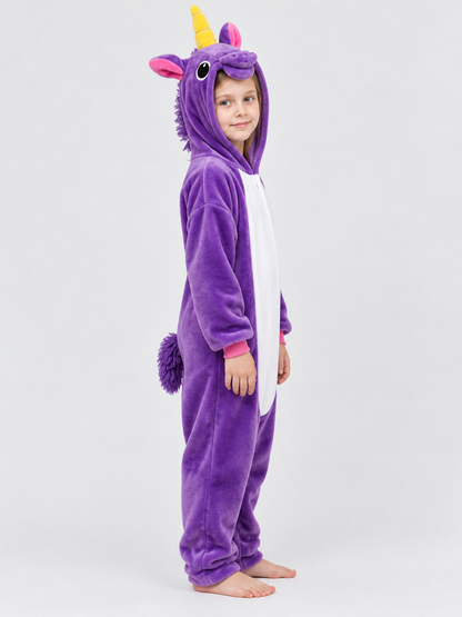 Purple Hooded Pajama Jumpsuit with Horn and Ears