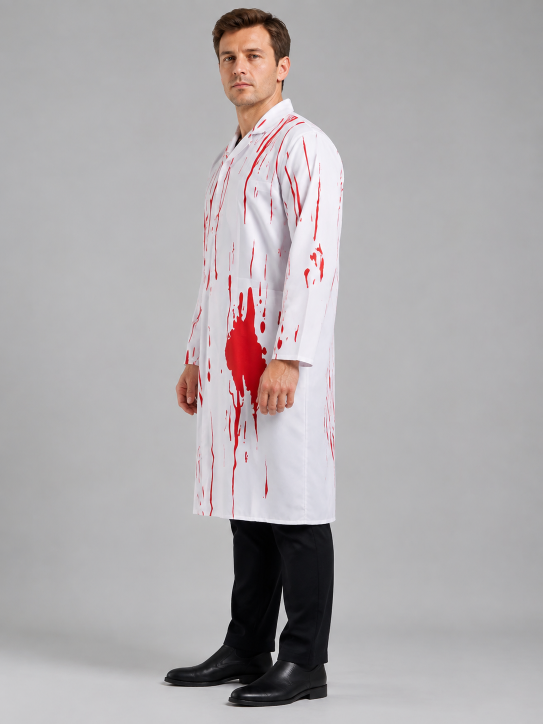 Doctor Costume: White Lab Coat with Red Splatter side view