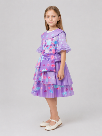 Children's Dressy Dress with Floral Print and Ruffles side view