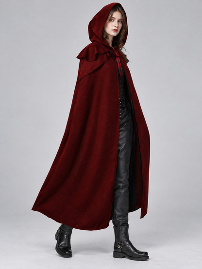 Burgundy hooded cloak with ties