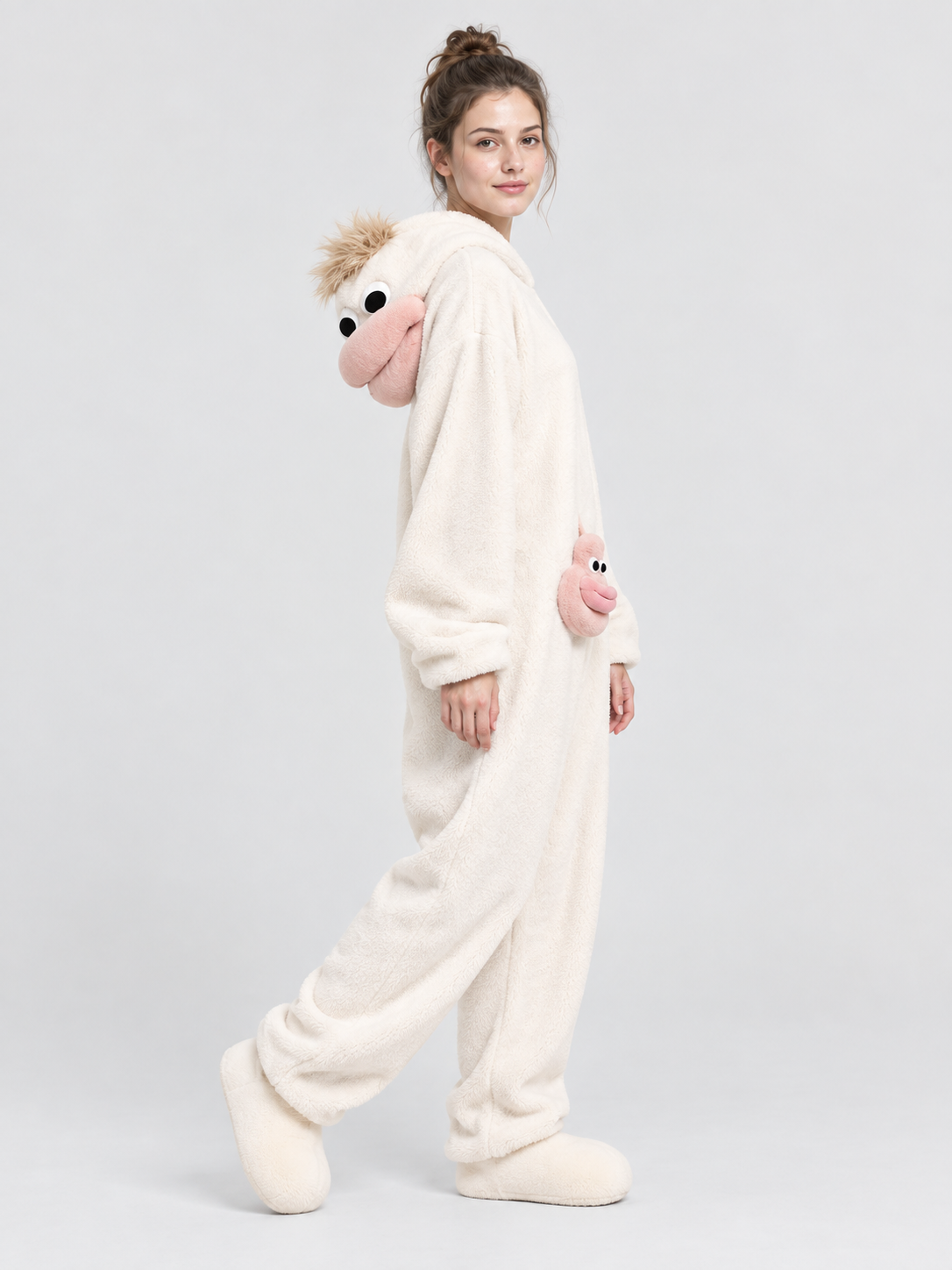 White Insulated Pajama Jumpsuit with Cartoon Design
