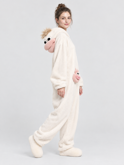 White Insulated Pajama Jumpsuit with Cartoon Design