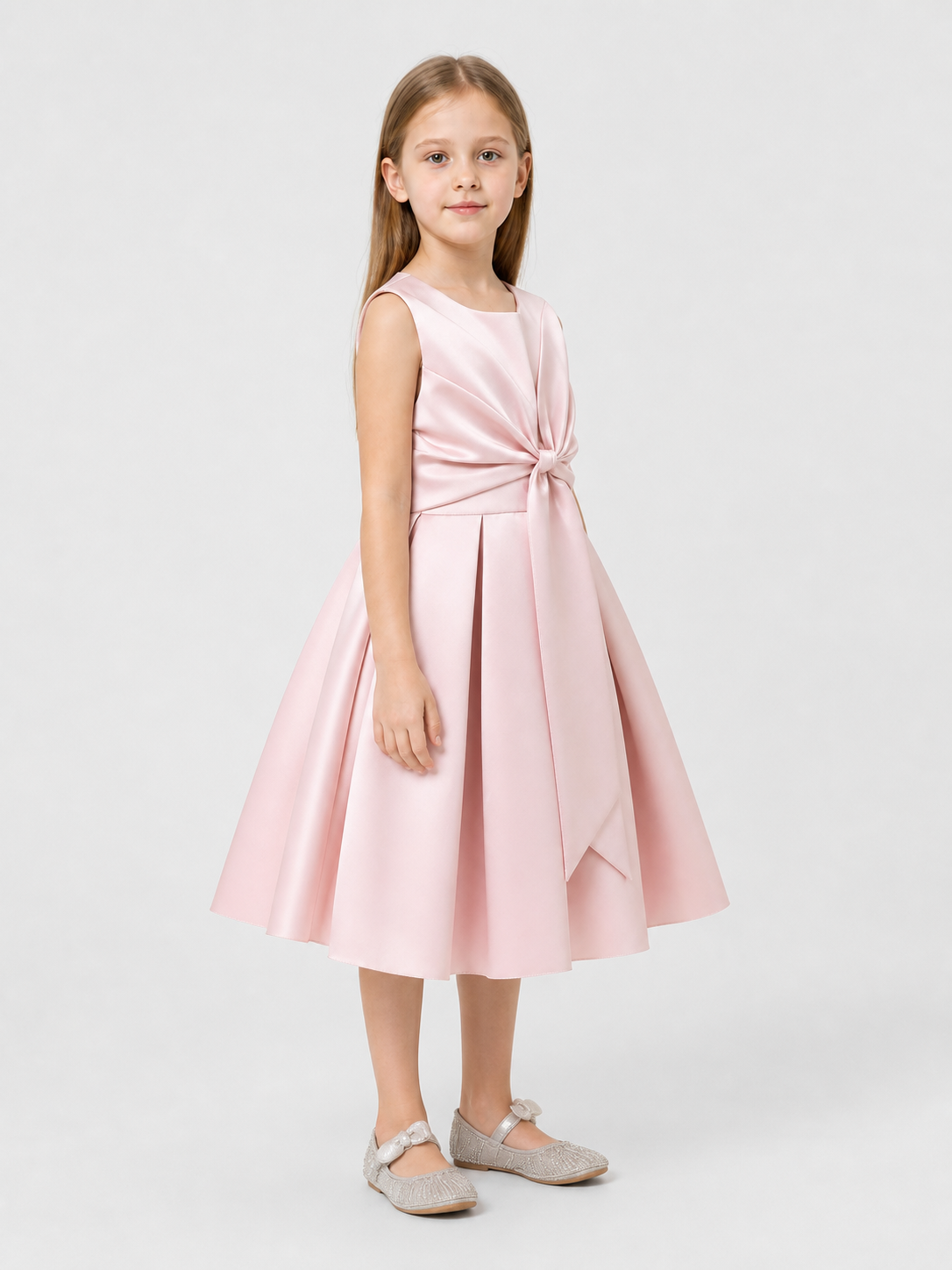Girls’ Party Midi Dress with Full Skirt and Bow side view