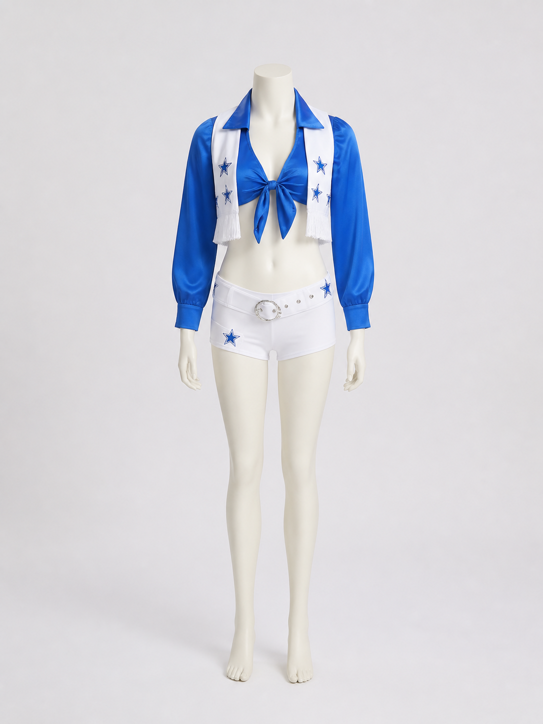Blue and White Cheerleading-Style Set with Top and Shorts side view