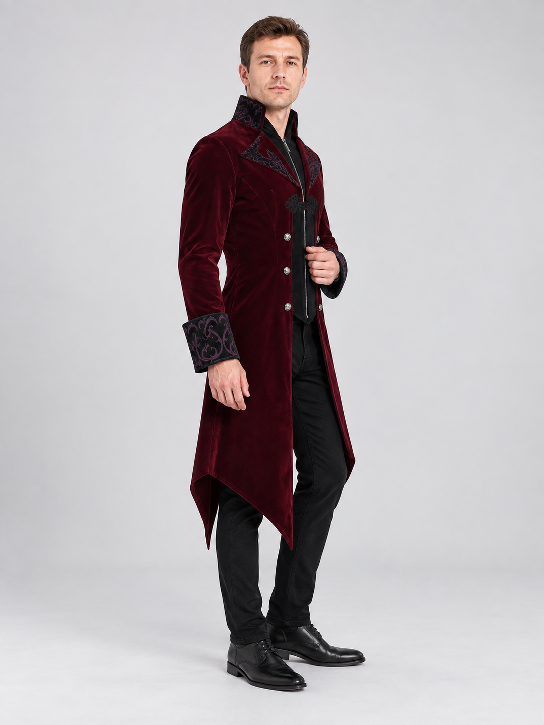 Burgundy tailcoat with a high collar and black embroidery