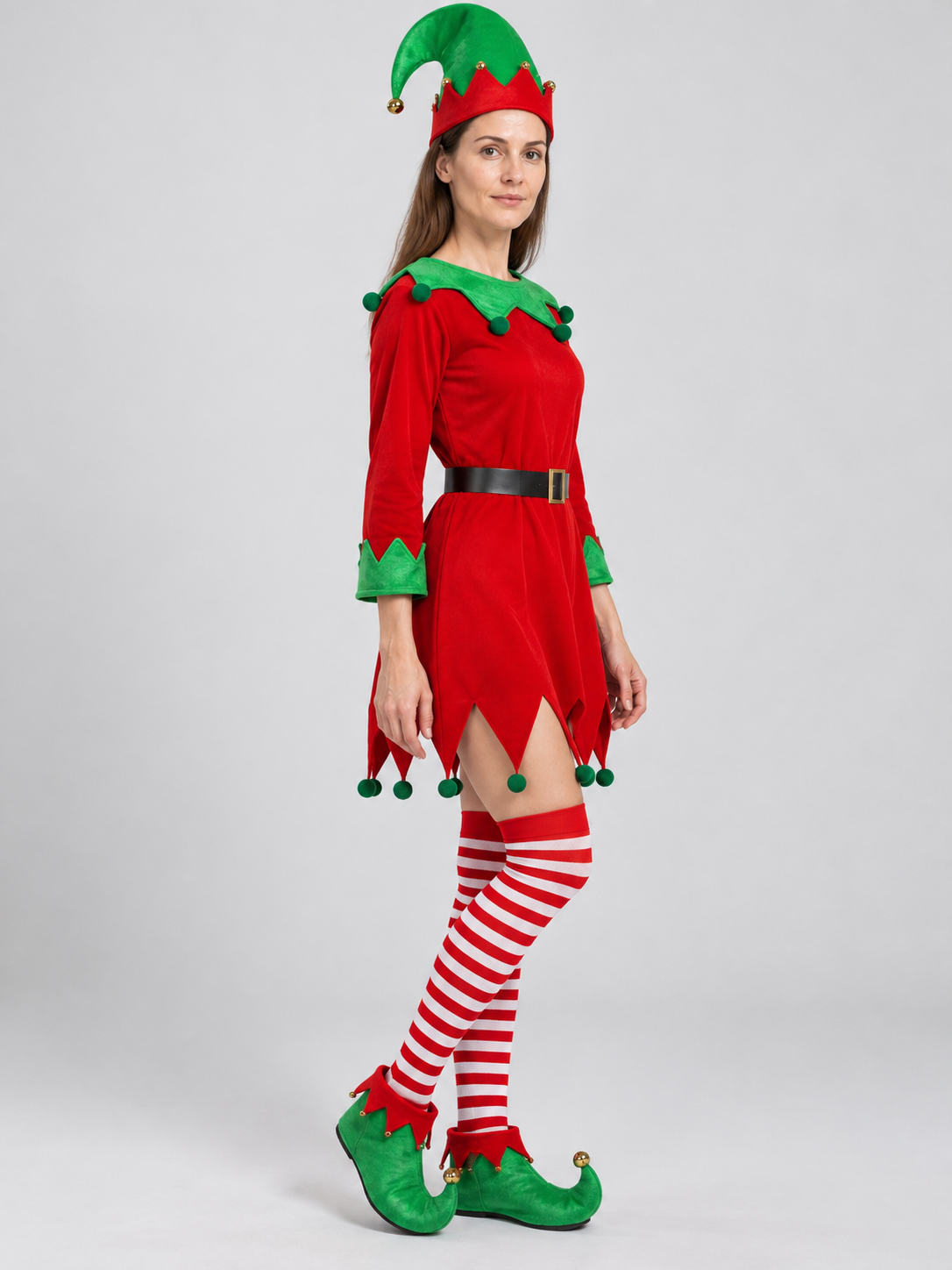 Elf Costume: Red Dress and Hat side view
