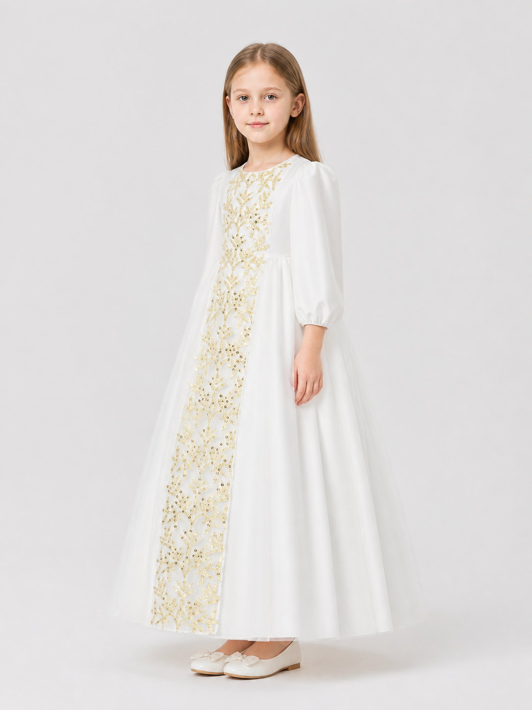 White Girls' Princess Dress with a Full Skirt and Sequins side view