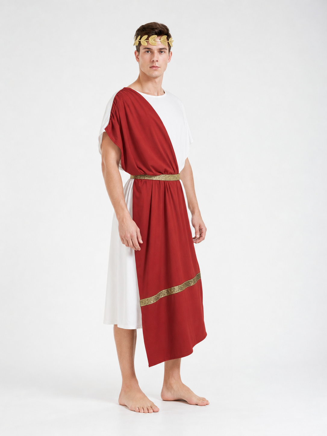 Men's Ancient Greek Costume, Red And White Draped Tunic With Gold Belt And Laurel Headpiece For Cosplay, Stage Events