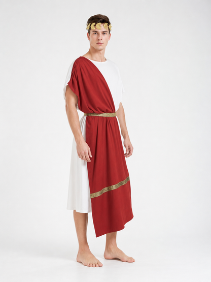 Men's Ancient Greek Costume, Red And White Draped Tunic With Gold Belt And Laurel Headpiece For Cosplay, Stage Events