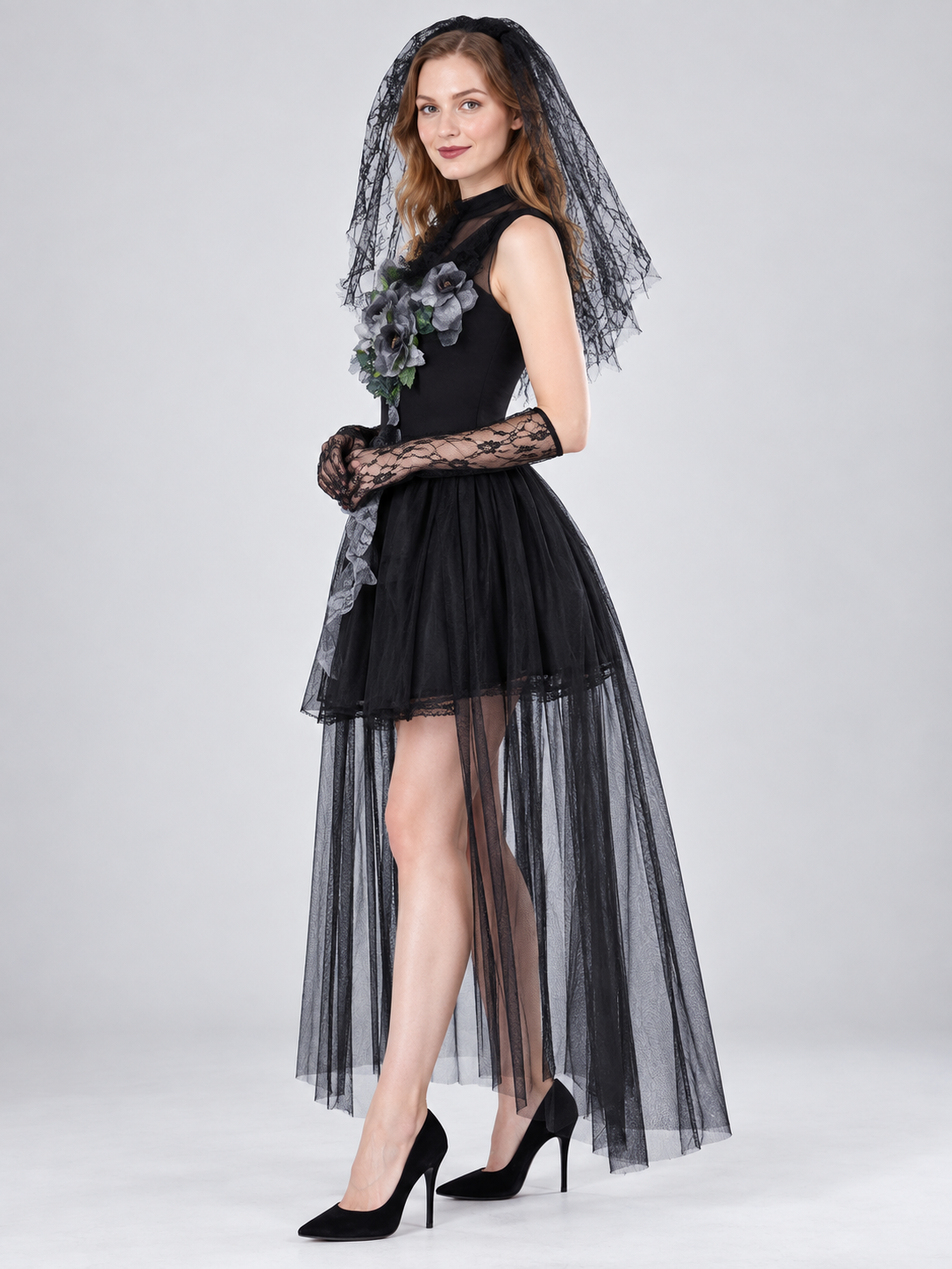 Black Bride Costume: Dress, Veil, Lace Gloves