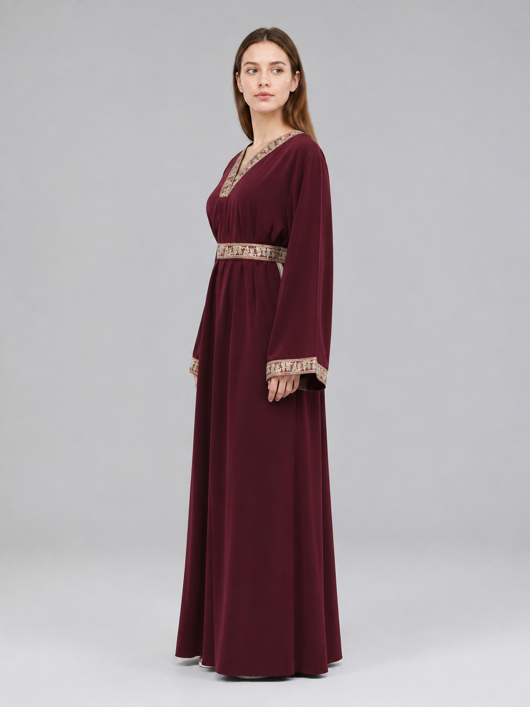 Wine-Burgundy Maxi Dress with Belt and Embroidery side view