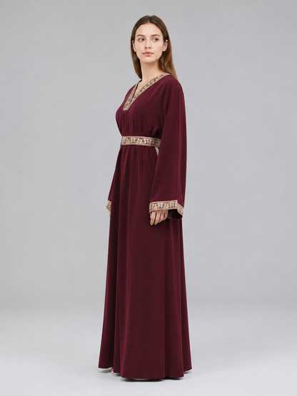 Wine-Burgundy Maxi Dress with Belt and Embroidery side view