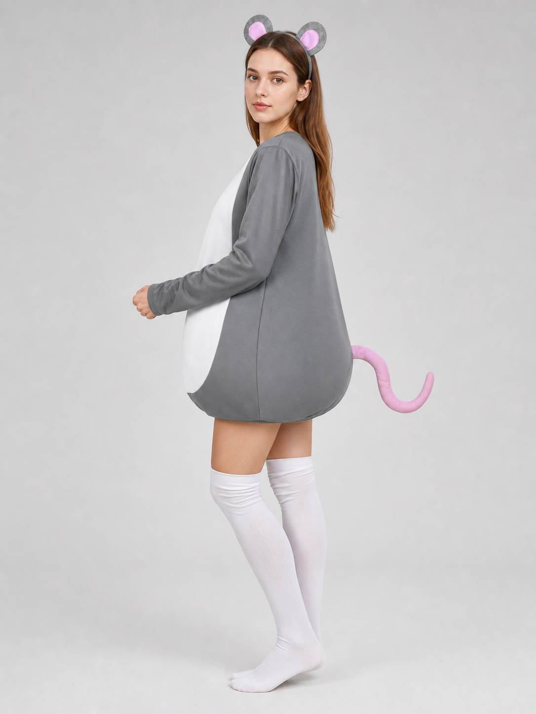 Adult Gray Mouse Costume Set with White Belly, Pink Tail and Mouse-Ear Headband for Costume Parties, Cosplay and Themed Events