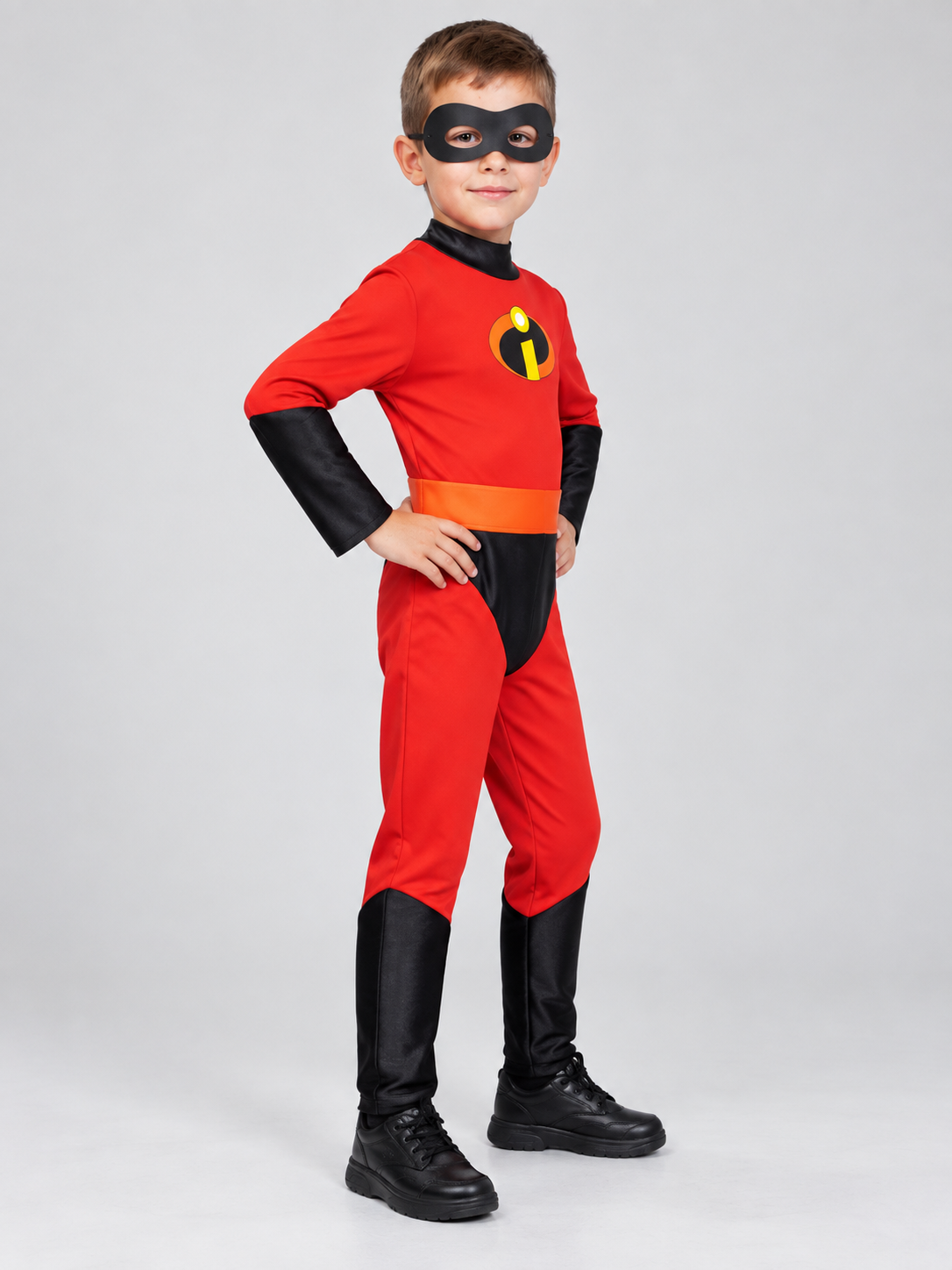 Kids' superhero costume with red jumpsuit and mask