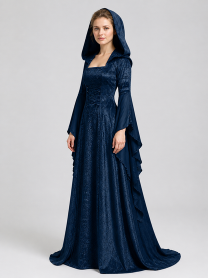 Hooded Dress, Medieval Style, Lace-Up Front side view