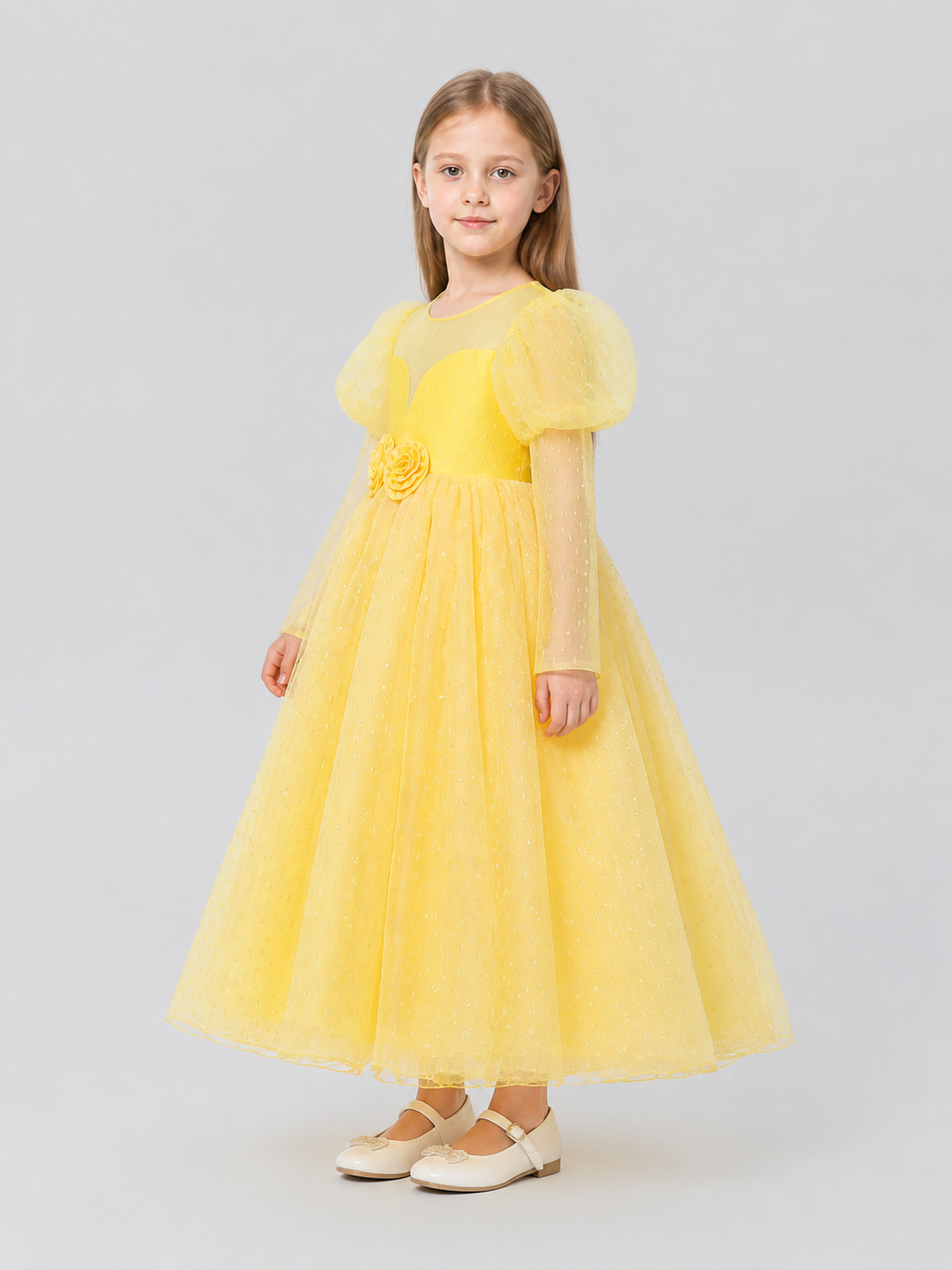 Yellow Princess Dress with Puff Sleeves and Flowers side view
