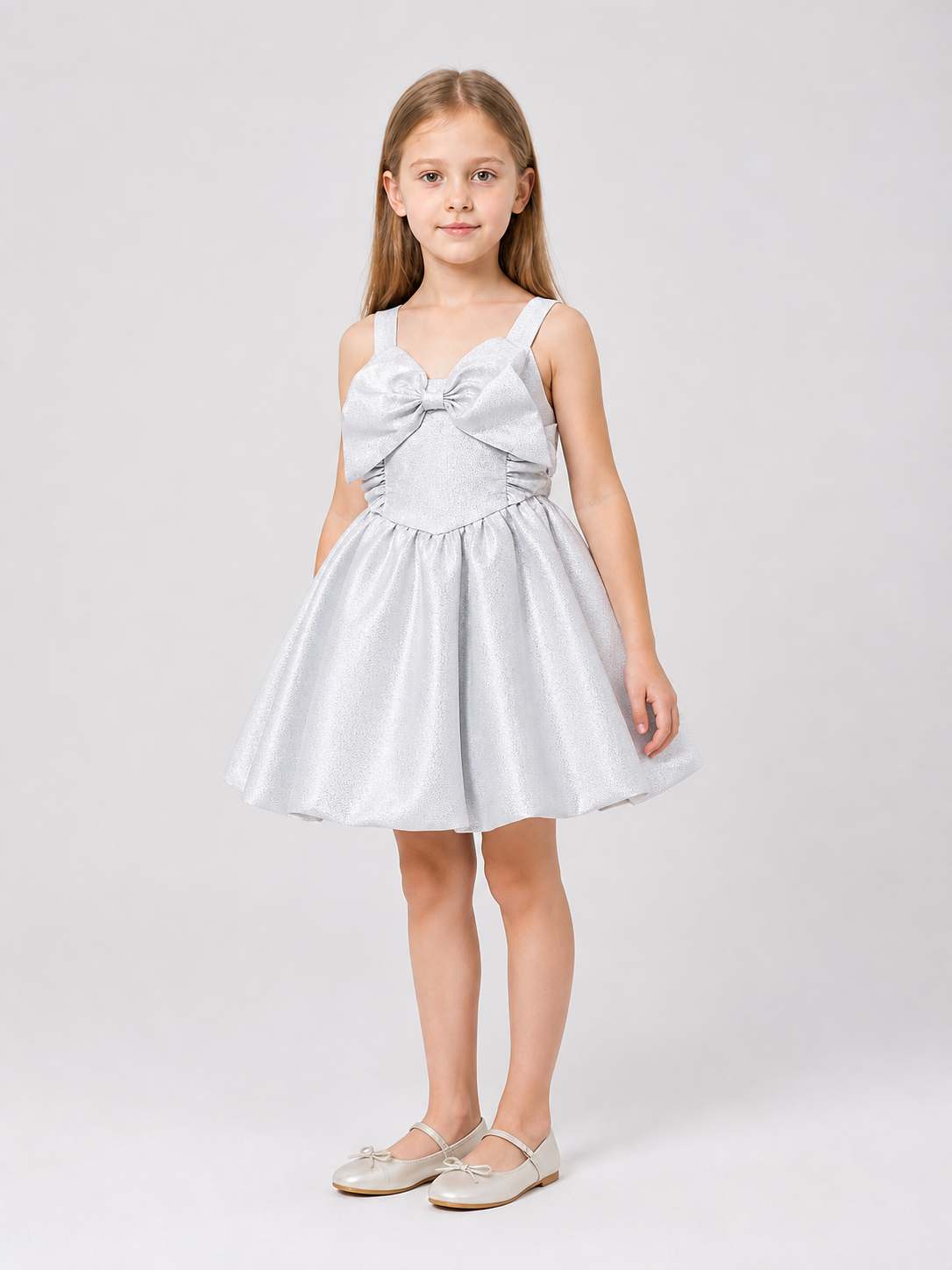 Silver Dressy Dress with a Bow and Full Skirt side view