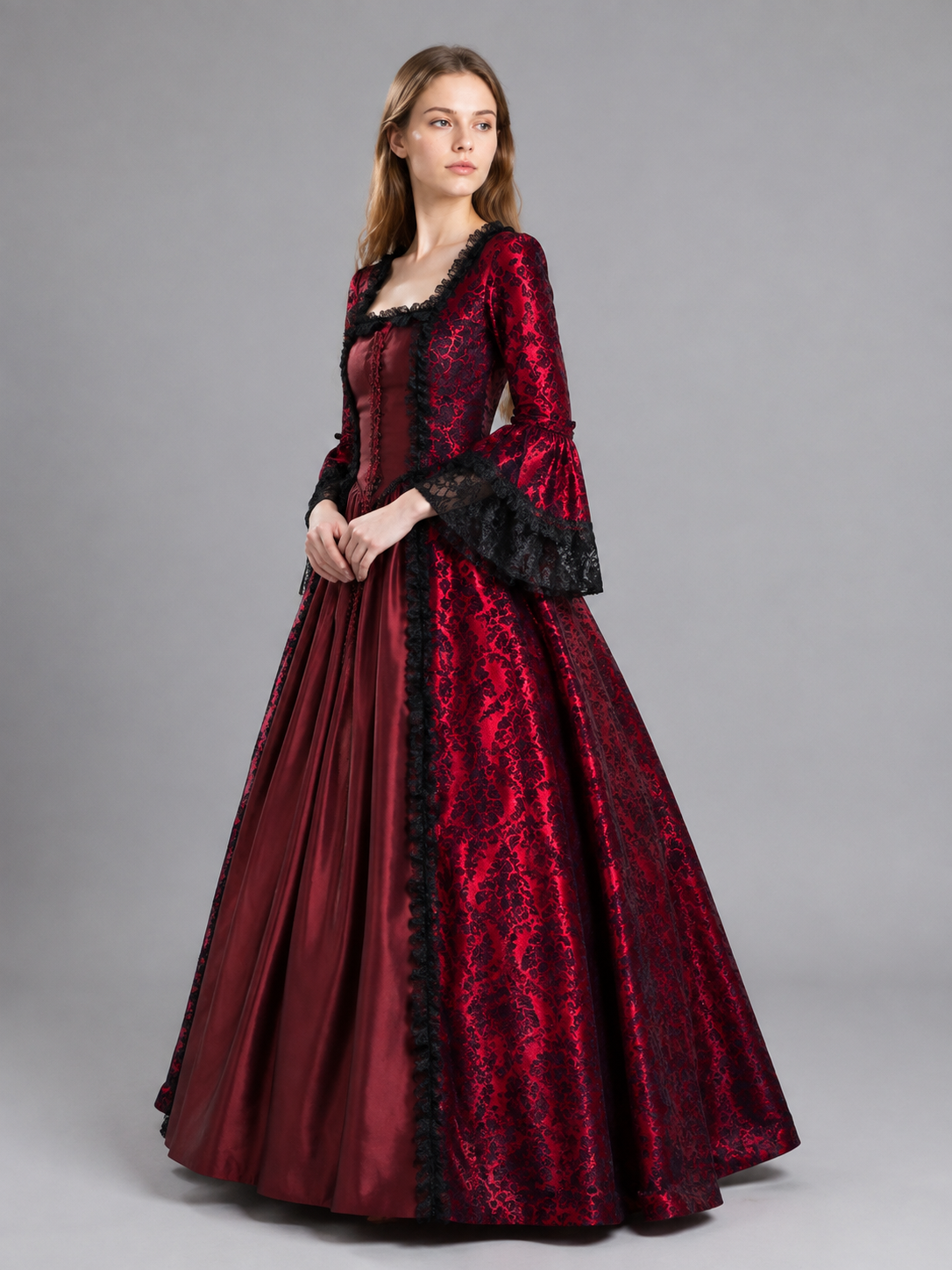 Burgundy Dress with a Square Neckline and Lace-Up Detail side view