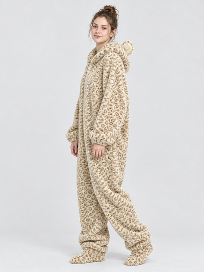 Leopard Print Jumpsuit Pajama with Ears